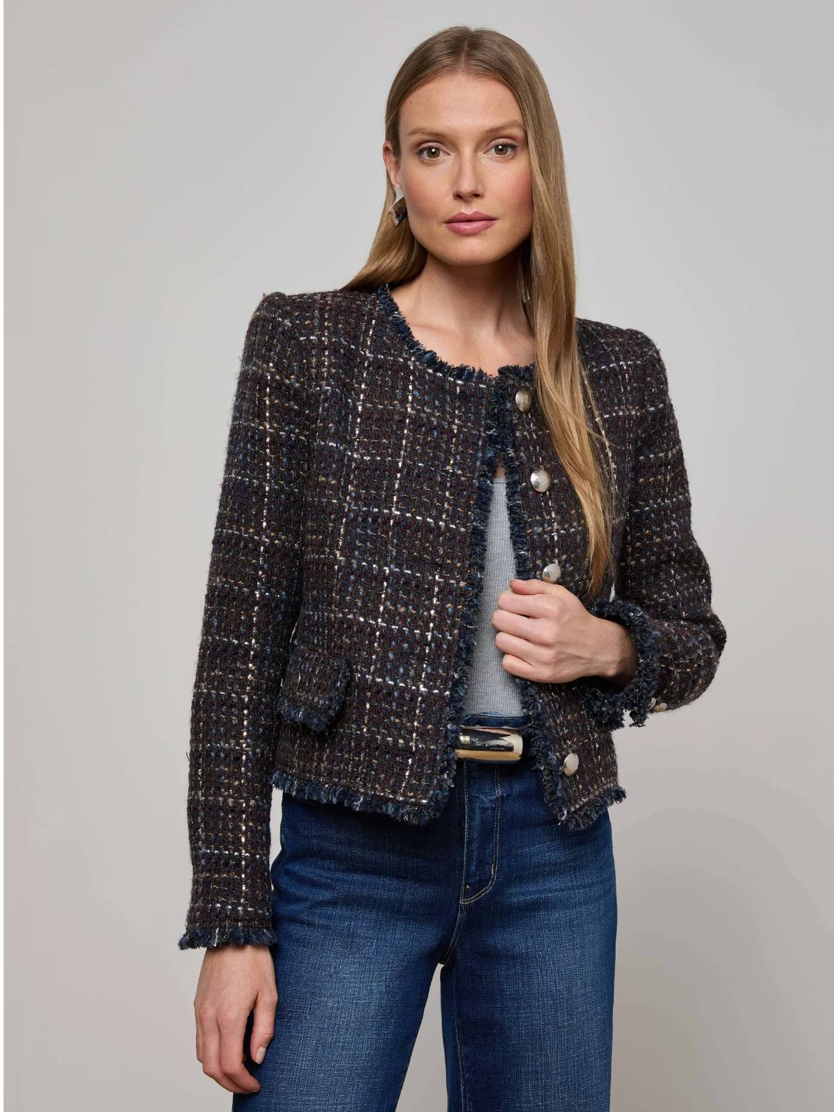L'Agence Women's Zaya Tweed Jacket in Midnight Brown Multi