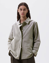 Load image into Gallery viewer, margaret-howell-mhl-womens-mhl-longline-shirt-two-tone-cotton-stripe-forest-grey-off-white