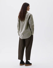 Load image into Gallery viewer, margaret-howell-mhl-womens-mhl-longline-shirt-two-tone-cotton-stripe-forest-grey-off-white
