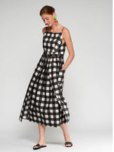 Load image into Gallery viewer, vilagallo-womens-vewrap-long-dress-in-black-and-white-gingham
