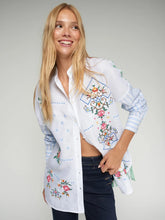 Load image into Gallery viewer, vilagallo-womens-white-shirt-with-blue-green-and-pink-embroidery-33250