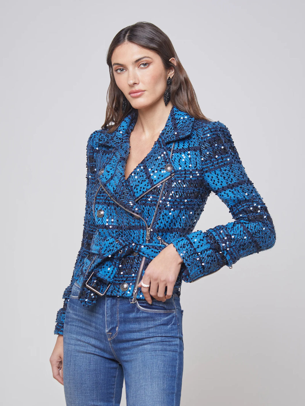 L'Agence Billi Belted Cobalt Tweed Jacket
