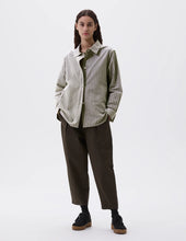 Load image into Gallery viewer, margaret-howell-mhl-womens-mhl-longline-shirt-two-tone-cotton-stripe-forest-grey-off-white
