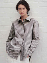 Load image into Gallery viewer, margaret-howell-mhl-womens-mhl-longline-shirt-two-tone-cotton-stripe-forest-grey-off-white

