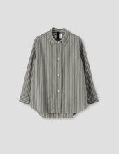 Load image into Gallery viewer, margaret-howell-mhl-womens-mhl-longline-shirt-two-tone-cotton-stripe-forest-grey-off-white
