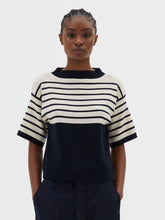 Load image into Gallery viewer, margaret-howell-women-ss24-breton-yoke-jumper-cotton-cashmere-navy-ecru-fabric

