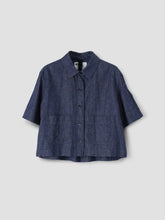 Load image into Gallery viewer, mhl-cropped-uniform-shirt-cotton-linen-denim-indigo-margaret-howell
