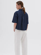 Load image into Gallery viewer, mhl-cropped-uniform-shirt-cotton-linen-denim-indigo-margaret-howell
