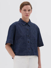 Load image into Gallery viewer, mhl-cropped-uniform-shirt-cotton-linen-denim-indigo-margaret-howell

