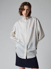 Load image into Gallery viewer, paul-smith-womens-silk-blend-stripe-ruffle-neck-shirt
