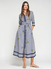 Load image into Gallery viewer, vilagallo-womens-ikat-print-dress-with-palm-trees
