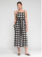 Load image into Gallery viewer, vilagallo-womens-vewrap-long-dress-in-black-and-white-gingham
